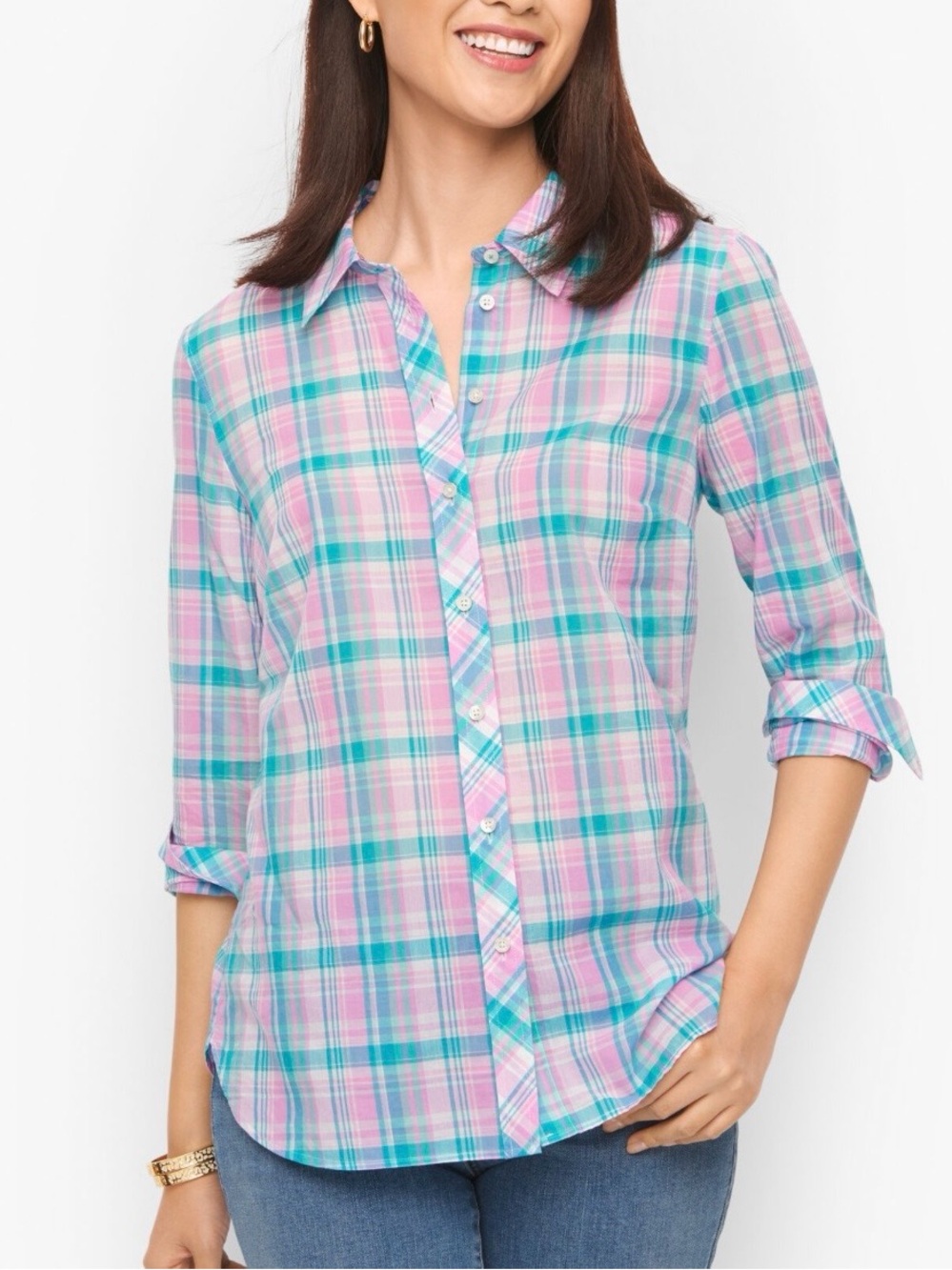 Talbots Plaid Button-Down Shirt in Pink and Teal